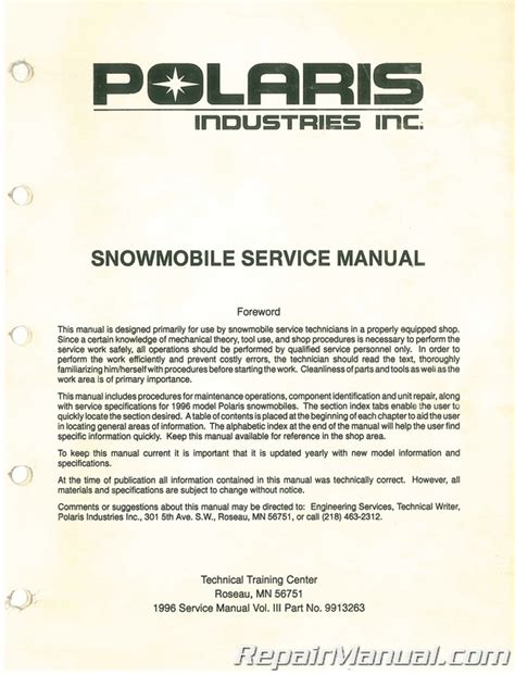 Polaris Indy Models Snowmobile Service Repair Manual 1996 1998