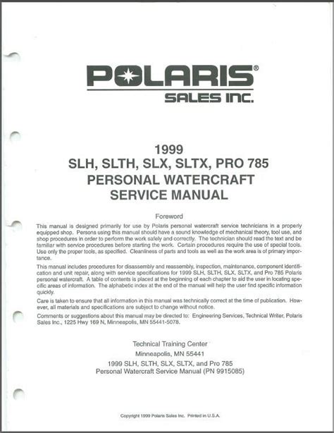 Polaris Slh Slth Slx Sltx Pro 785 Pwc Full Service Repair Manual 1999 Onwards
