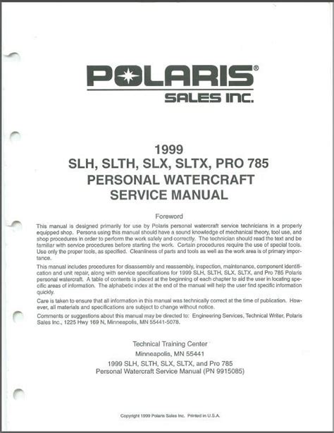 Polaris Slh Slth Slx Sltx Pro 785 Pwc Full Service Repair Manual 1999 Onwards