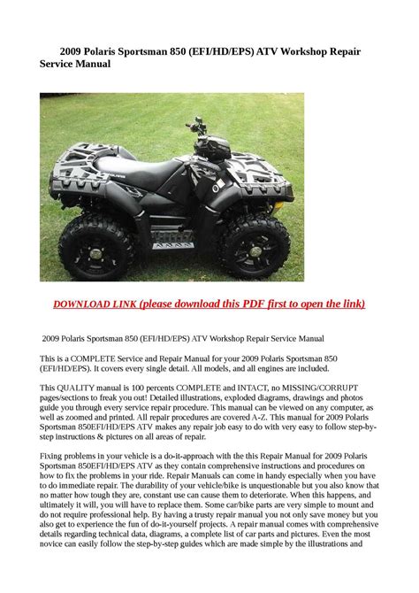 Polaris Sportsman 850 Efi Hd Eps Service Repair Pdf Manual 2009 2011