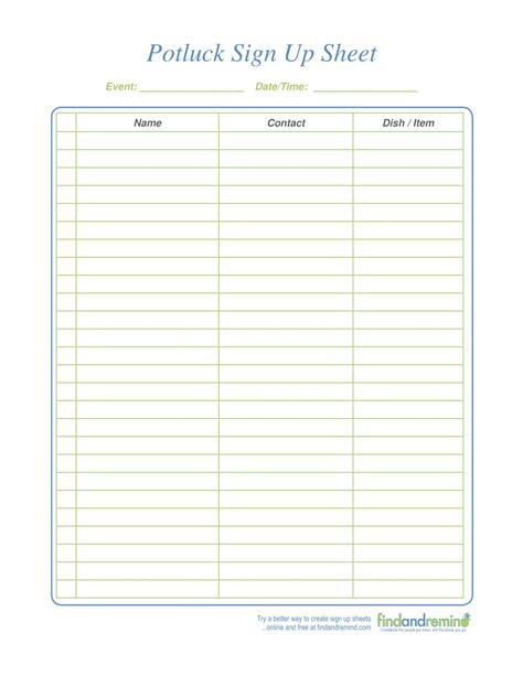 Potluck Sign Up Sheet Online Free Printable