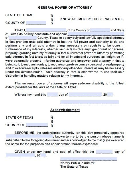 Power Of Attorney Form Texas Printable