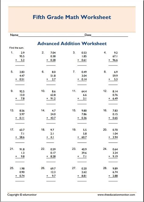 Printable 5th Grade Worksheets