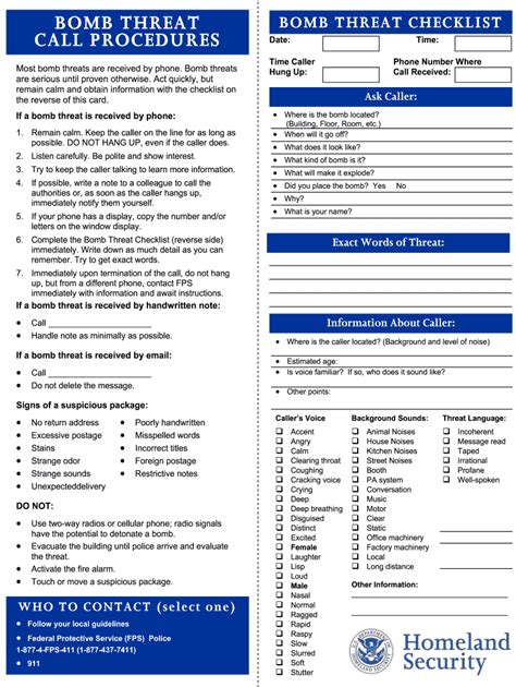 Printable Bomb Threat Checklist Template