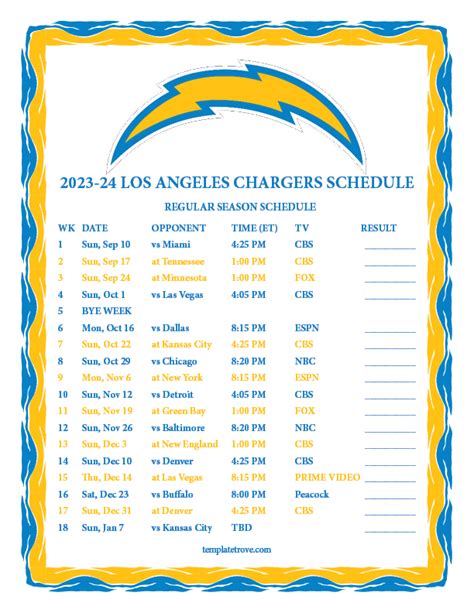 Printable Chargers Schedule