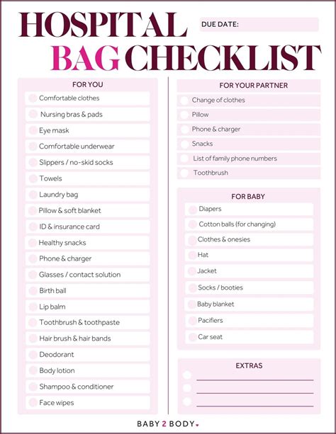 Printable Checklist For Hospital Bag