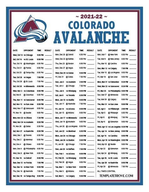Printable Colorado Avalanche Schedule