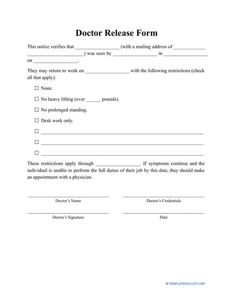 Printable Doctor Release Form To Return To Work