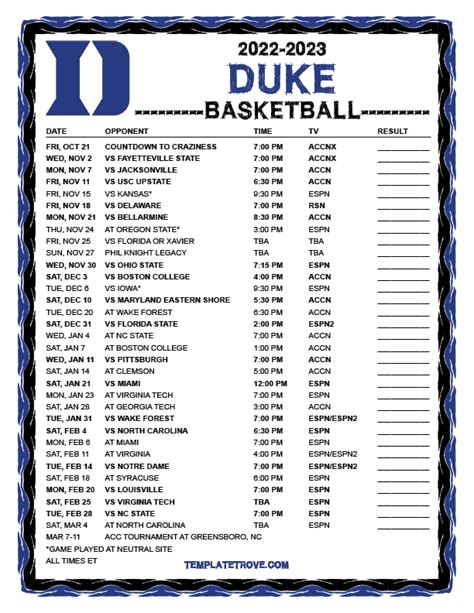 Printable Duke Mens Basketball Schedule