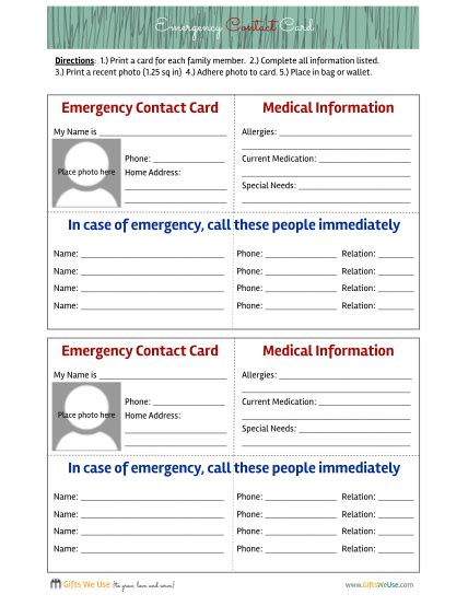 Printable Emergency Contact Card