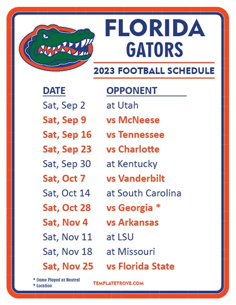 Printable Florida Gators Football Schedule