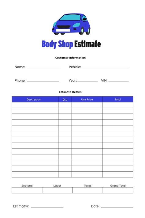 Printable Free Auto Body Repair Estimate Template Forms