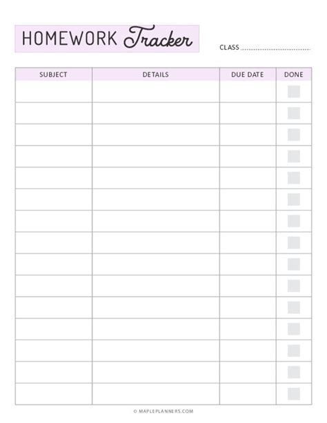 Printable Homework Tracker