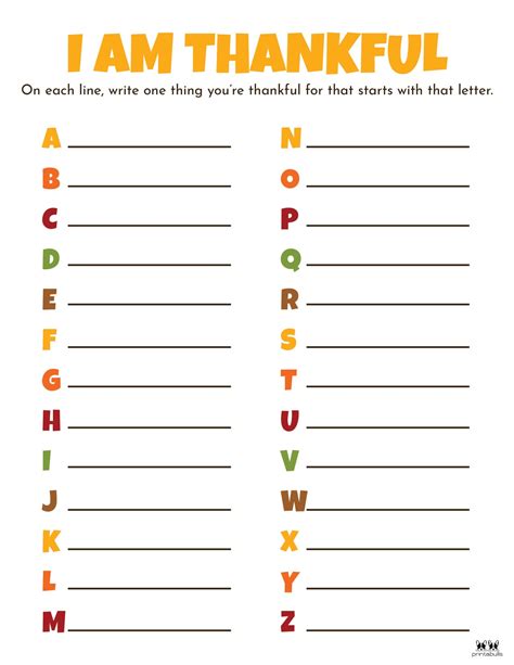 Printable I Am Thankful For