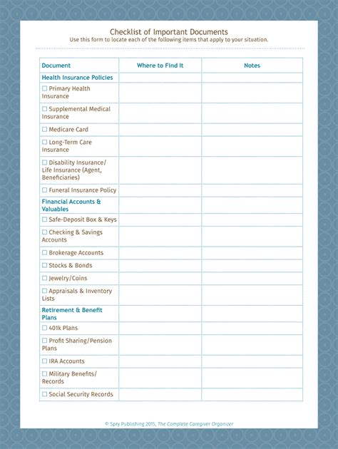 Printable Important Documents Checklist