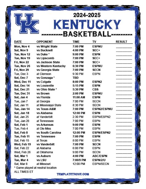 Printable Kentucky Wildcats Basketball Schedule