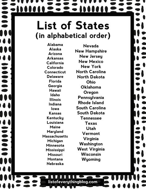 Printable List Of 50 States Alphabetical Order