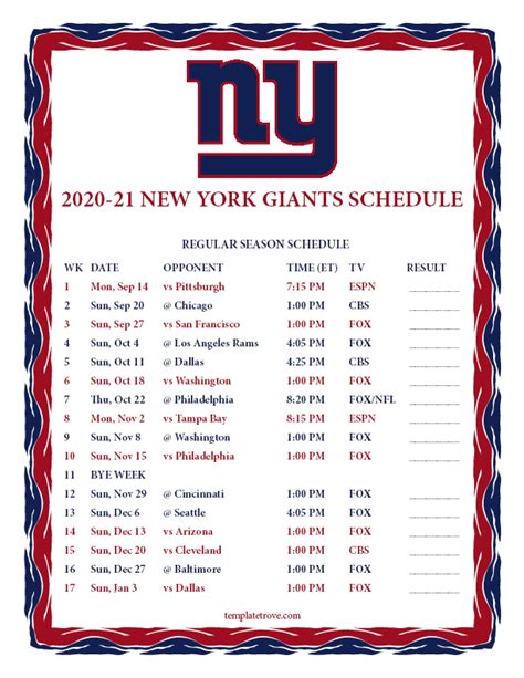 Printable New York Giants Schedule