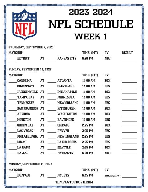 Printable Nfl Schedule Week 1