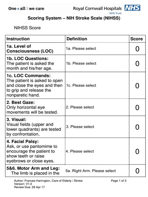 Printable Nih Stroke Scale