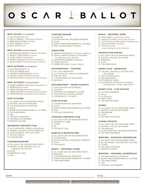 Printable Oscar Ballot