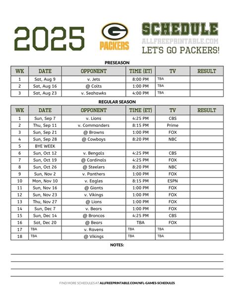 Printable Packers Football Schedule