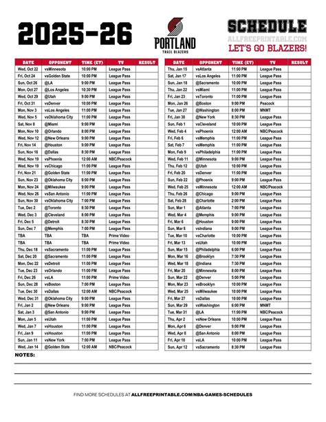 Printable Portland Trail Blazers Schedule