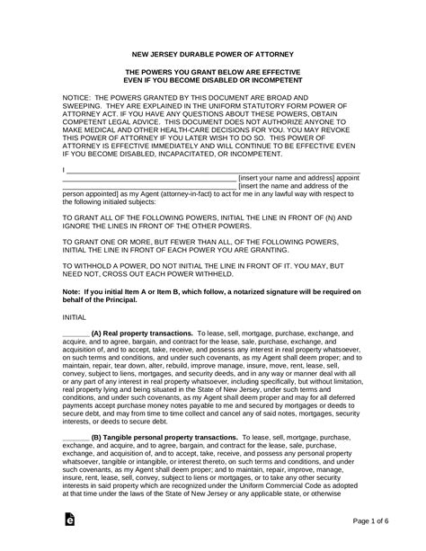 Printable Power Of Attorney Form Nj