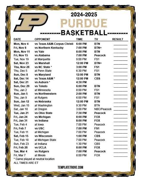 Printable Purdue Mens Basketball Schedule