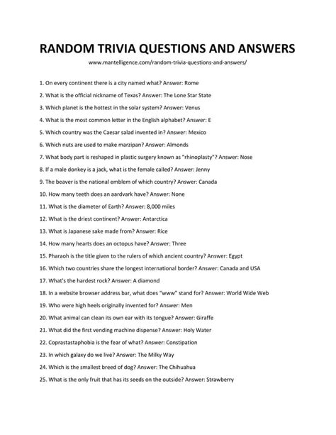 Printable Quiz Questions And Answers