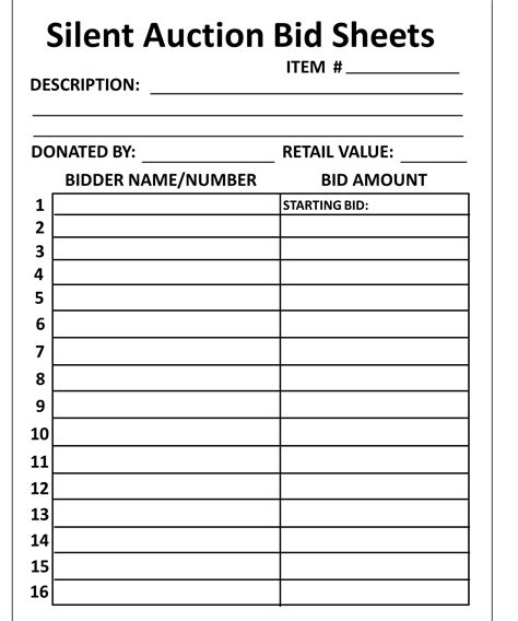 Printable Silent Auction Bid Sheets