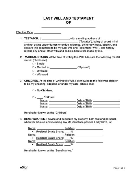 Printable Simple Last Will And Testament Free Template