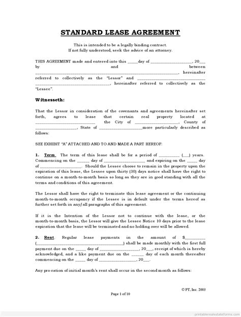 Printable Standard Lease Agreement