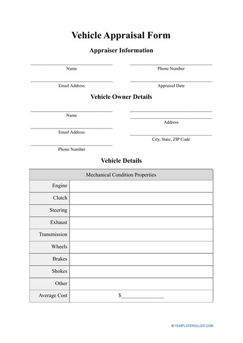 Printable Vehicle Appraisal Form