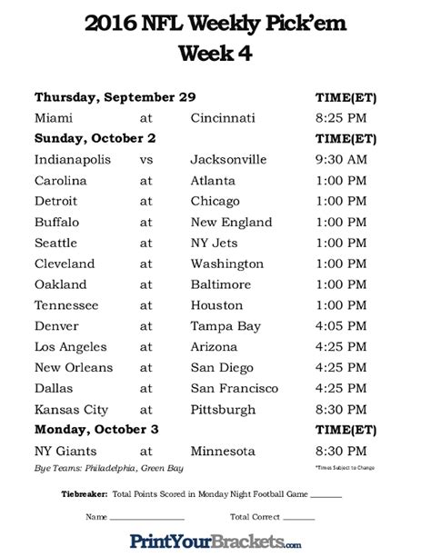 Printable Week 4 Nfl Schedule