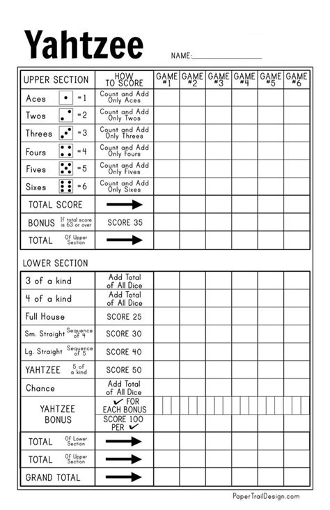 Printable Yahtzee Card