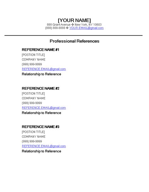 Professional References Template Word
