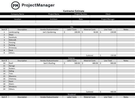 Project Manager Estimate Template