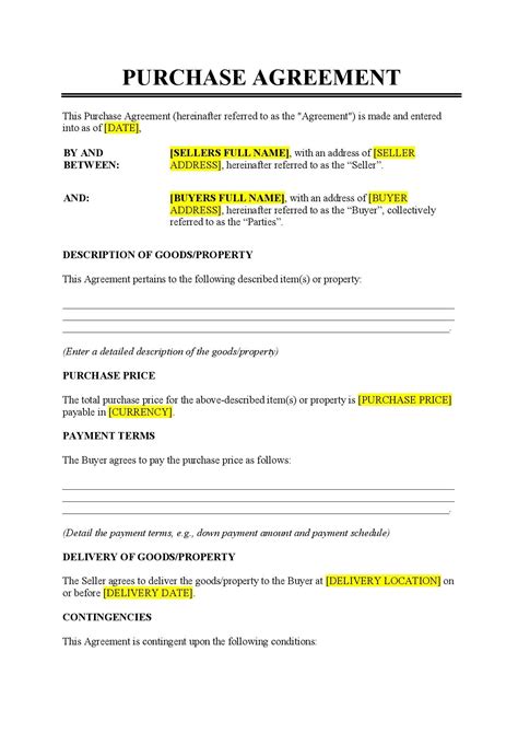Purchase Agreement Contract Template