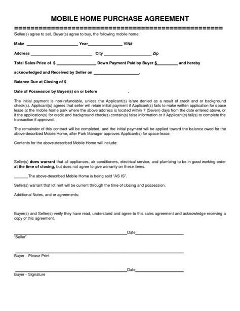 Purchase Agreement Template For Mobile Home