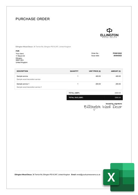 Purchase Order Template Excel Free Download