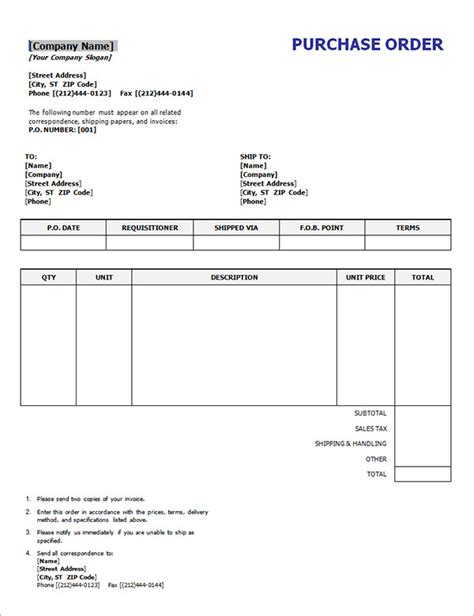 Purchase Order Template In Word