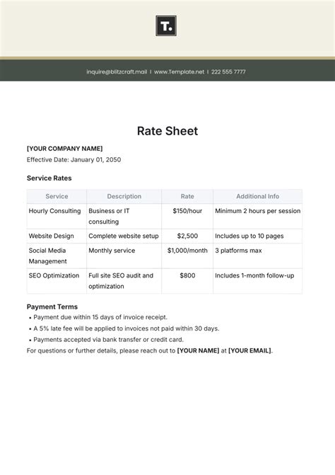 Rate Sheet Template Word