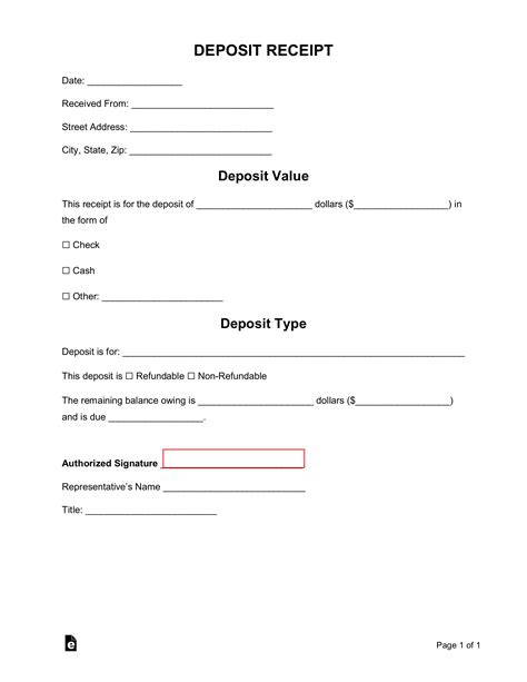 Receipt For Deposit Template