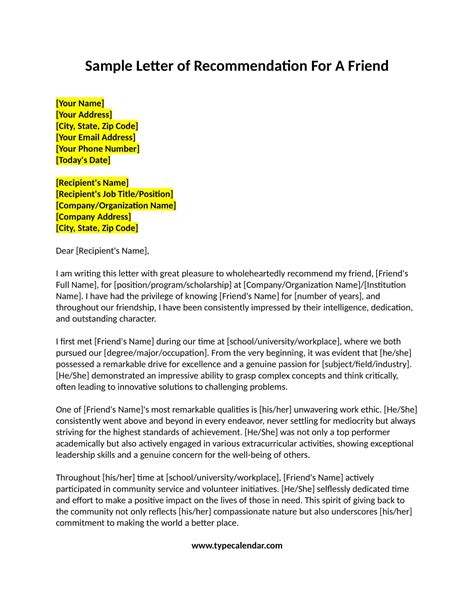 Recommendation Letter For A Friend Template