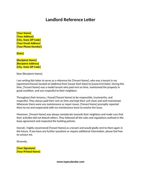 Reference Letter From Landlord Template
