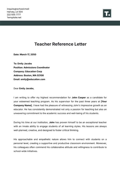 Reference Letter Template For Teacher
