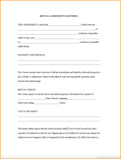 Rental Agreement Form Free Printable