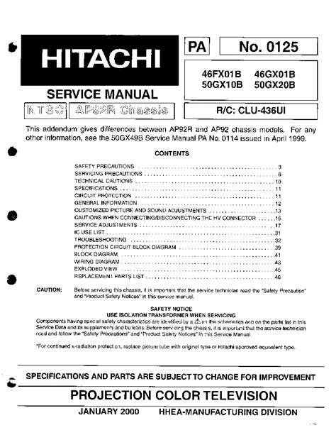 Repair Manual Hitachi 50gx10b 50gx20b Projection Color Television