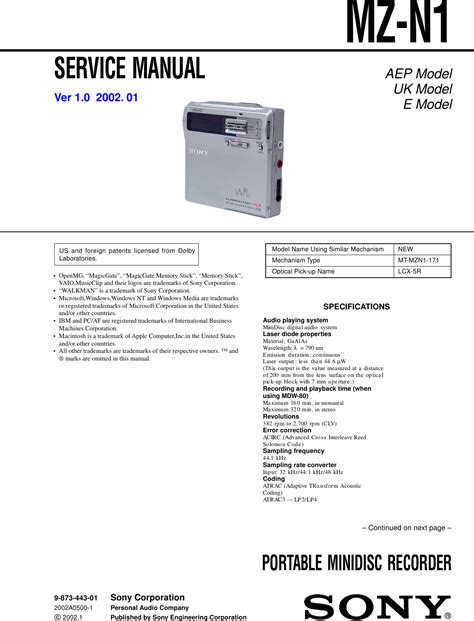 Repair Manual Sony Mz 1 Portable Minidisk Recorder